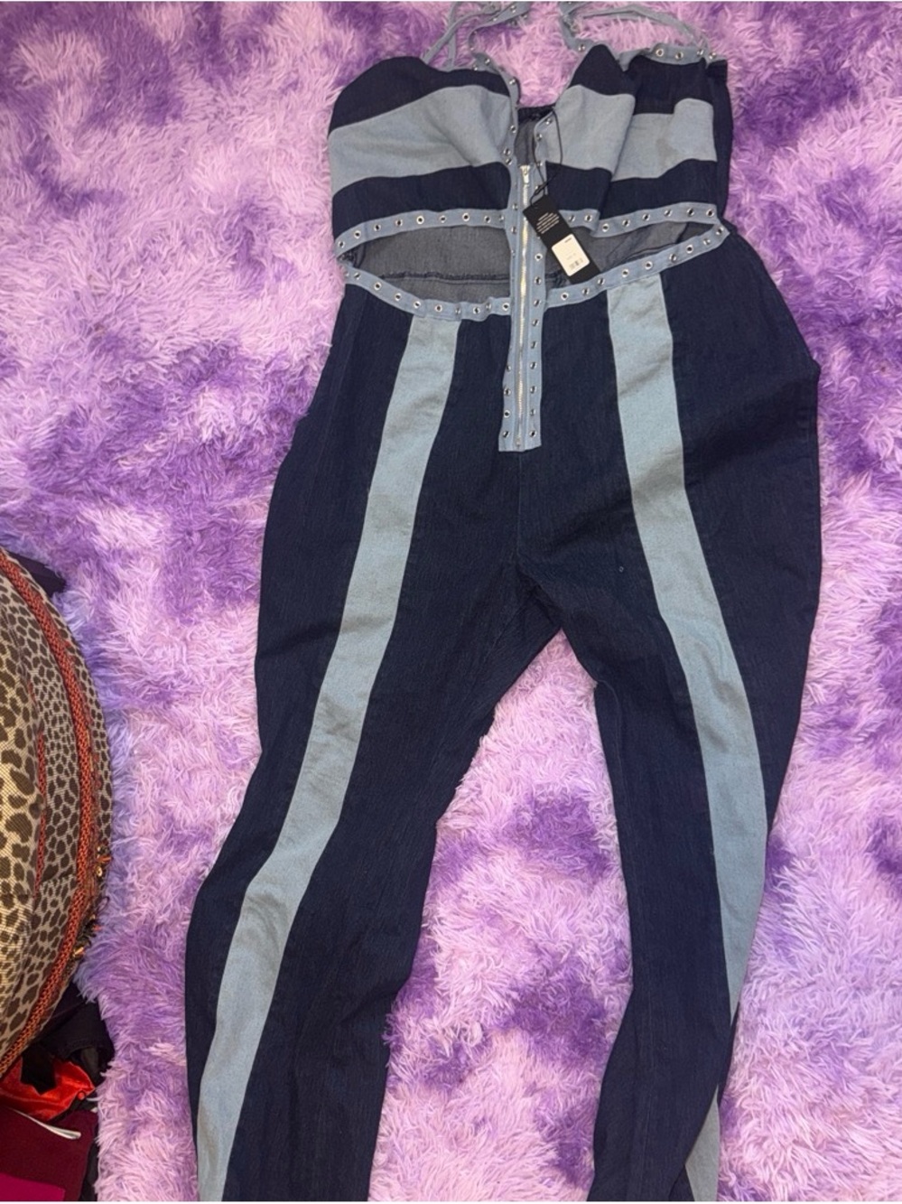 Fashion Nova Two-Tone Navy and Light Blue Strapless Jumpsuit
